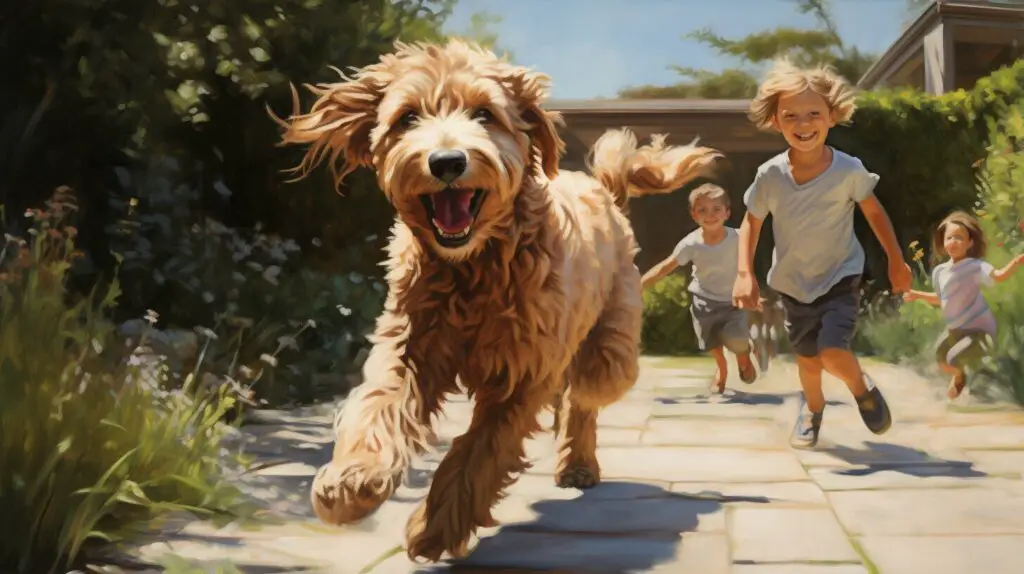 labradoodle playing with children