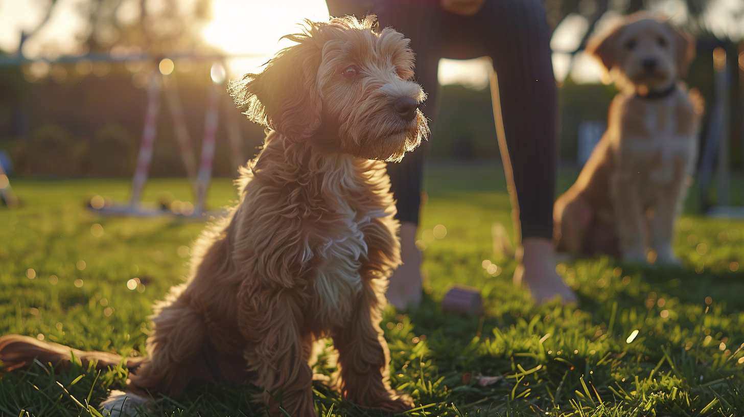 A lively Aussiedoodle puppy attentively listening to training instructions